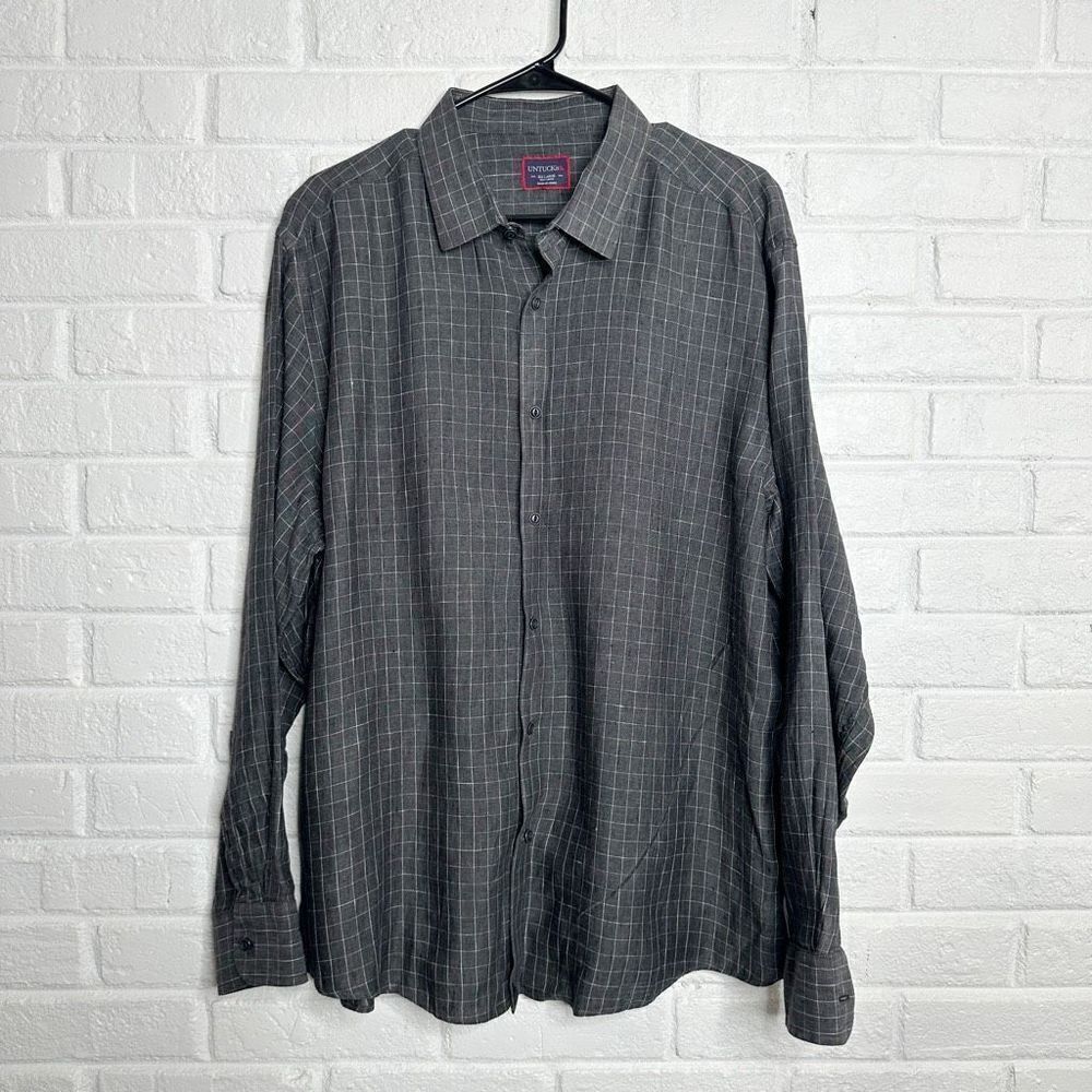 Untuckit Linen Button Down Shirt Gray‎ Square Plaid Pattern size XXL